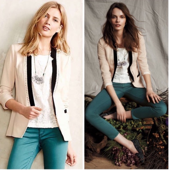 Anthropologie Jackets & Blazers - Anthropologie Cartonnier  Cream Black Lace Trim Dera Blazer Tuxedo